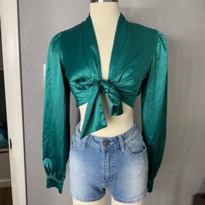 Spring Haze Los Angeles Silk Long Sleeve V Neck Blouse, Green, S